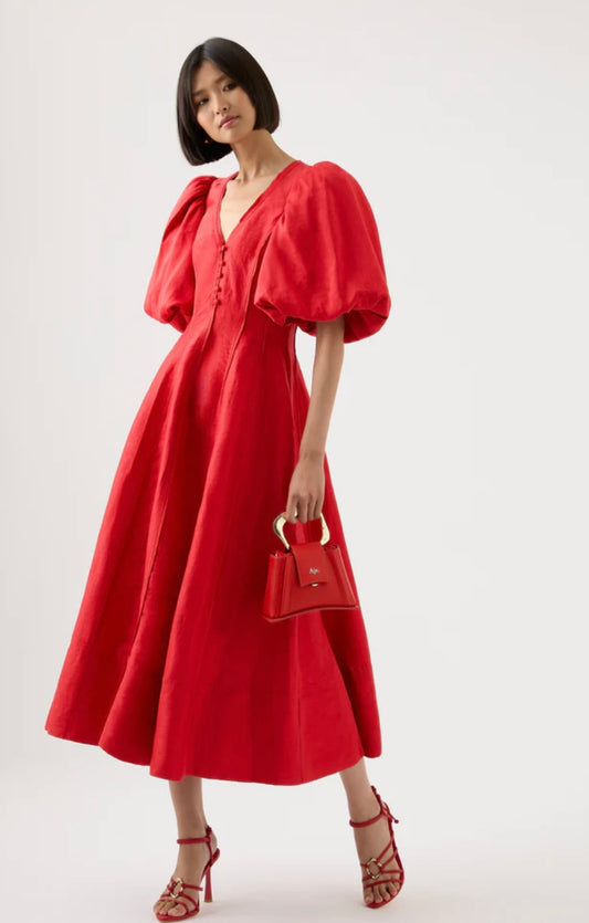 Aje Dusk puff sleeve midi dress in scarlet red size 8